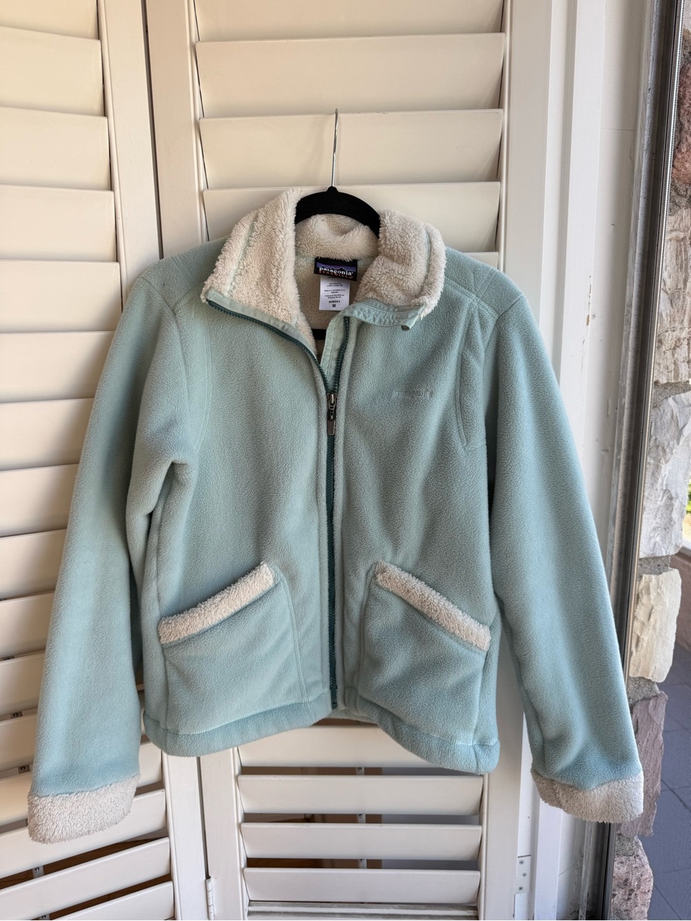 Patagonia Light Aqua Fleece Jacket with Cream Sherpa Trim